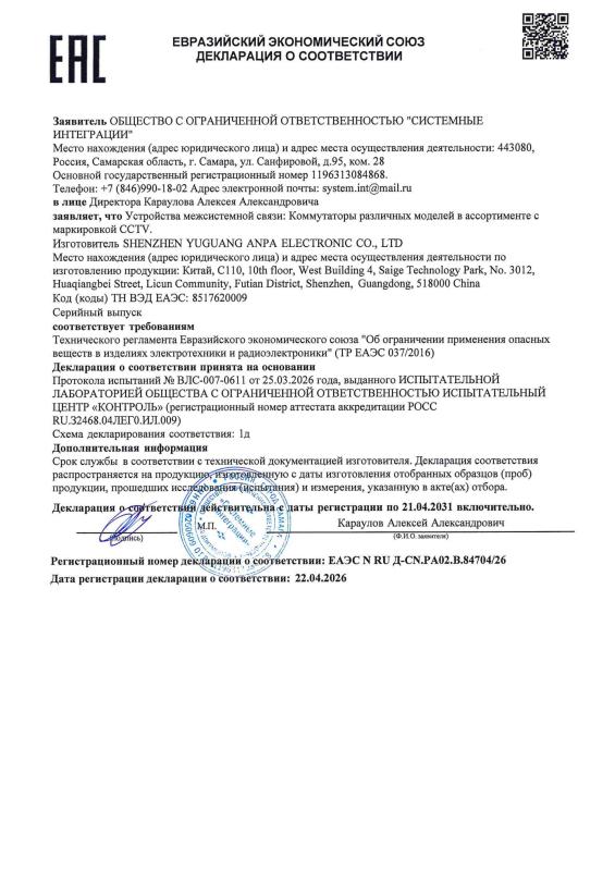 Декларация о соответствии на коммутаторы линейки оборудования Test Edition (B-208PC, B-2024PC) (ТР ЕАЭС 037)