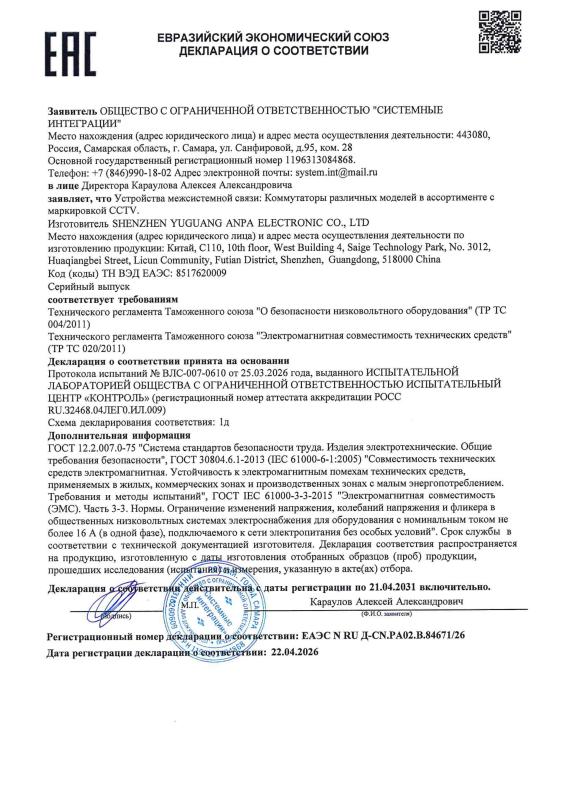 Декларация о соответствии на коммутаторы линейки оборудования Test Edition (B-208PC, B-2024PC) (ТР ТС 004/020)